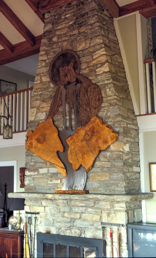 Fishing Bear with Sun | Wall Sculpture in Wall Hangings by Jeffrey H Dean. Item composed of wood and metal