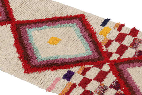 Vintage Moroccan Runner Rug in White with Red Diamond | Area Rug in Rugs by Rug and Kilim