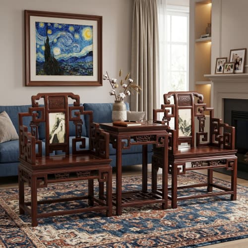 Legacy Imperial Ming Official Armchair Trio Set with Marble | Chairs by Dynasty Artisan. Item made of wood compatible with contemporary and eclectic & maximalism style