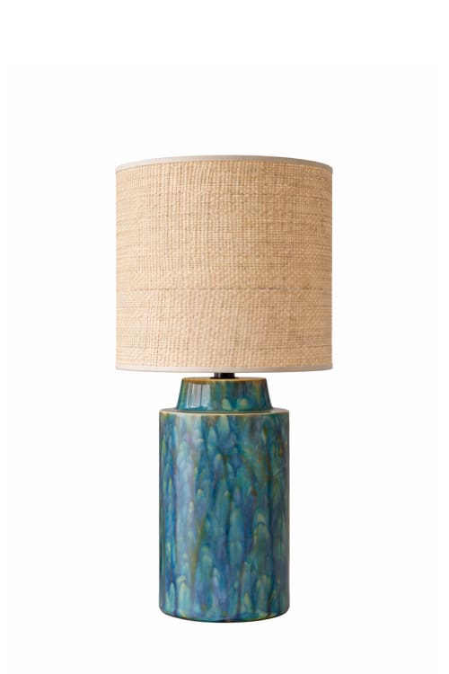 Handglazed Crystalline Ceramic Lamp with Raffia Shade | Table Lamp in Lamps by ENOceramics. Item made of fabric with ceramic works with boho & japandi style