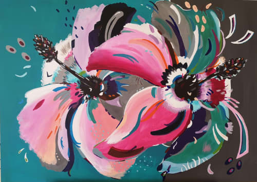 Abstract 'Pop-Art' Floral commissioned painting | Oil And Acrylic Painting in Paintings by Judy Century Art. Item composed of synthetic