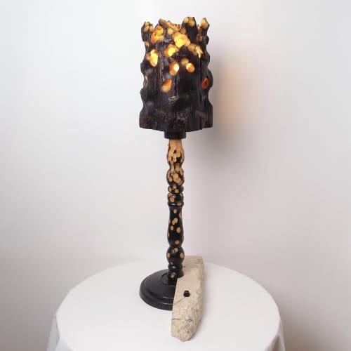Torch Lighting — Reclaimed Wood & Limestone Lamp | Table Lamp in Lamps by Gabor Gobi. Item composed of wood and stone