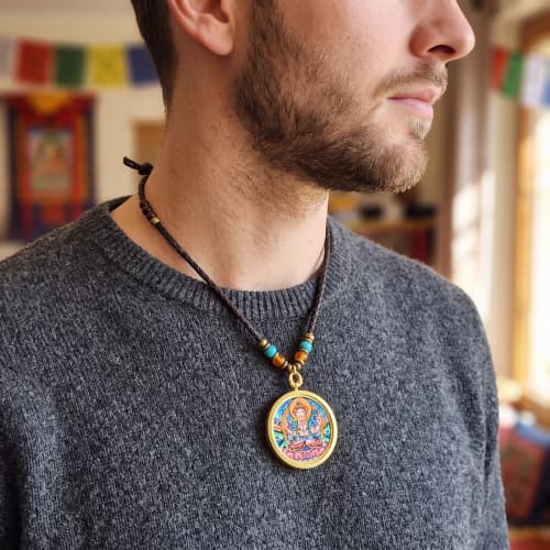 Zodiac Rat Avalokiteshvara Thangka Pendant Art | Ornament in Decorative Objects by Dynasty Artisan. Item made of metal compatible with contemporary and eclectic & maximalism style