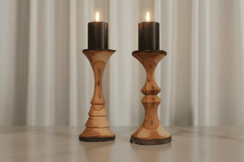 Handcrafted Solid Cherry Wood Pillar Candlestick Holders | Lighting by Holzkunst Samuel Meisinger. Item composed of wood in art deco or traditional style