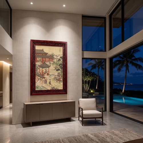 Hand-Painted Gongbi On Silk Spring Morning in the Han Palace | Oil And Acrylic Painting in Paintings by Dynasty Artisan. Item made of wood & fabric compatible with contemporary and eclectic & maximalism style