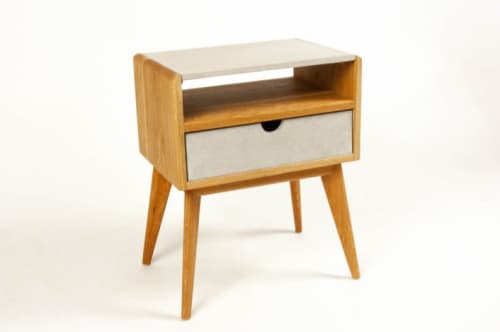 AbySlim Fat | Nightstand in Storage by Curly Woods. Item composed of oak wood and concrete in mid century modern style
