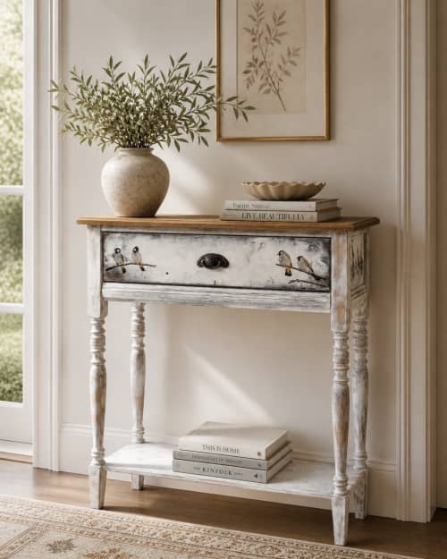 Solid Wood Bird Console Table – Hand-Painted Whitewashed Ent | Tables by Birds and Gardens Inc. Item in minimalism or contemporary style