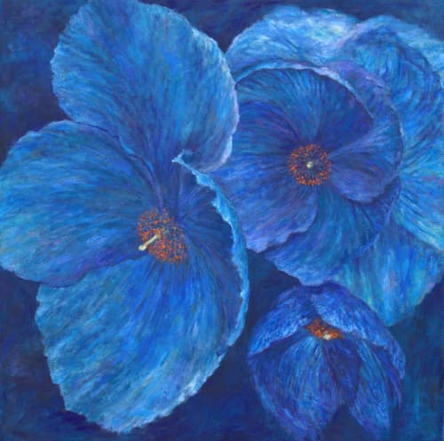 Himalayan Blue Poppies No. 2 | Oil And Acrylic Painting in Paintings by Sally K. Smith Artist | Harvard Kennedy School in Cambridge. Item made of canvas with synthetic