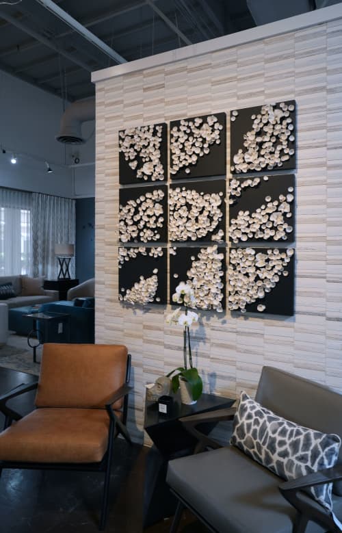 Wall Sculpture Mounded on Wooden Boards, B&W | Wall Hangings by SevaCeramics | Laguna Design Center in Laguna Niguel. Item composed of wood and ceramic