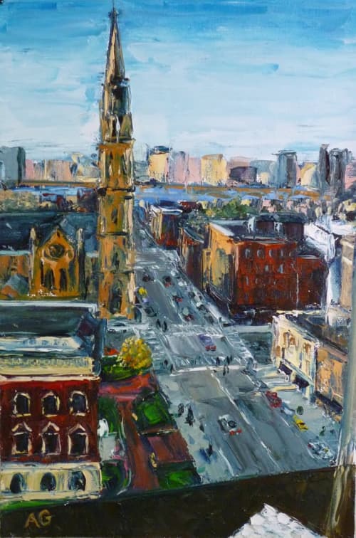 Looking Up Berkeley Street | Oil And Acrylic Painting in Paintings by Ann Gorbett Palette Knife Paintings. Item composed of synthetic