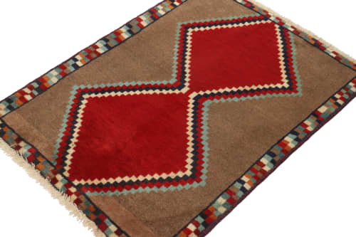 Vintage Gabbeh Tribal Rug in Brown with Red Diamond Lozenge | Area Rug in Rugs by Rug and Kilim