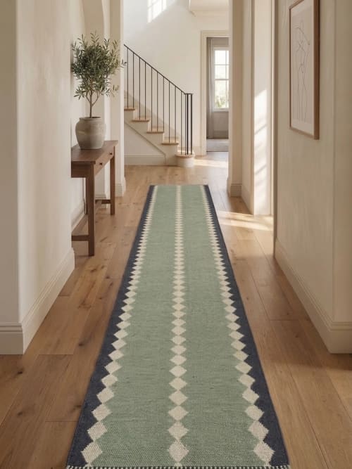 Handwoven Woolen Green Runner Rug | Rugs by Evergreen Carpets. Item made of wool compatible with boho and minimalism style