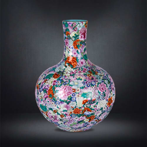 Hand-Painted Qianlong Famille Rose Ten Thousand Flowers Vase | Vases & Vessels by Dynasty Artisan. Item made of ceramic works with contemporary & eclectic & maximalism style