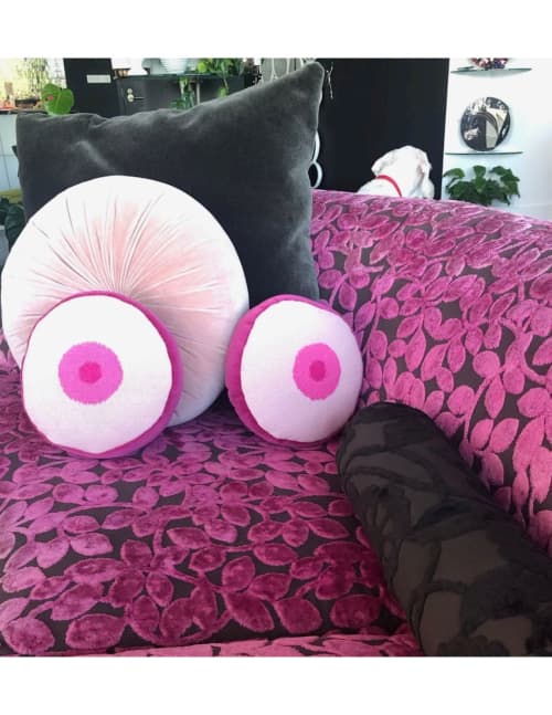 needlepoint THE GIRLS pink boob pillows | Cushion in Pillows by Mommani Threads. Item works with contemporary & eclectic & maximalism style