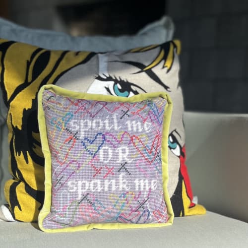 needlepoint SPOIL ME OR SPANK ME pillow, one of a kind | Pillows by Mommani Threads