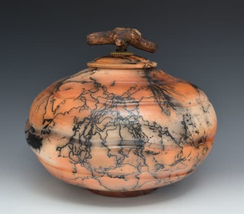 stonerware horsehair raku fired urn vessel HH316 | Vase in Vases & Vessels by Ron Mello Studio Art