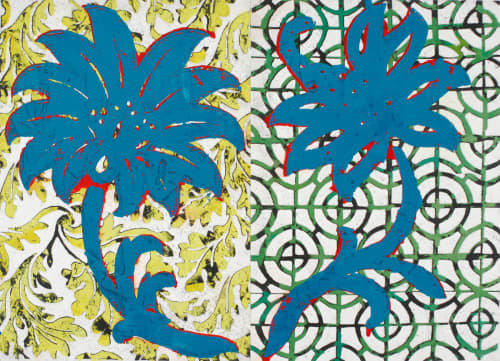 Turquoise and Red Lotus Flower Patterns | Mixed Media by Margaret Lanzetta. Item composed of canvas