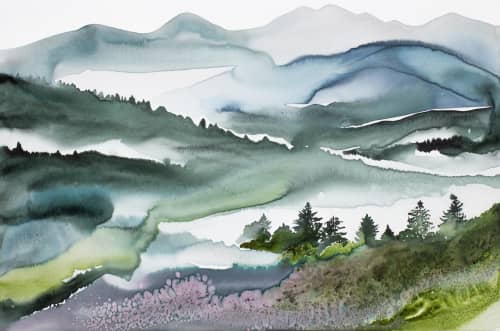 Mountainscape No. 6 : Original Watercolor Painting on Canvas | Paintings by Elizabeth Becker. Item made of canvas works with minimalism & contemporary style