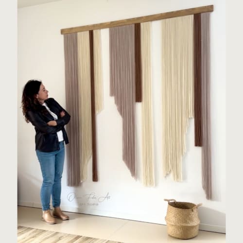 Large Layered Beige Shades Fiber Art Wall Hanging | Macrame Wall Hanging in Wall Hangings by Olivia Fiber Art. Item composed of wood and canvas in boho or contemporary style