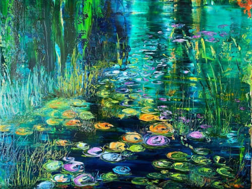 Moonlight Water Lilies | Oil And Acrylic Painting in Paintings by Checa Art. Item made of canvas