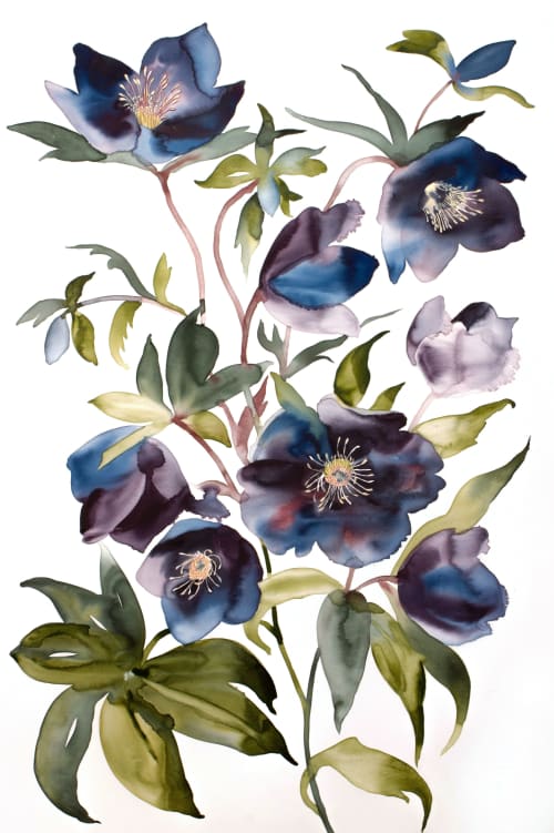 Hellebores No. 3 : Original Watercolor Painting on Canvas | Paintings by Elizabeth Becker. Item composed of canvas in minimalism or contemporary style