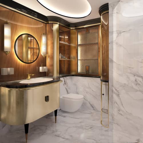 Bathroom in luxurious aesthetic | Interior Design by Egle Mieliauskiene. Item composed of synthetic