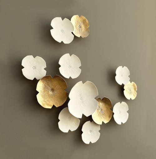 Original Ceramic 3D wall art set of 12 porcelain flowers | Wall Sculpture in Wall Hangings by Elizabeth Prince Ceramics. Item composed of ceramic in minimalism or mid century modern style