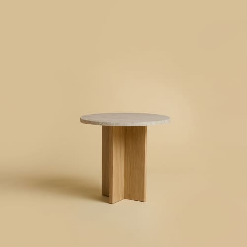 Round Side Table in Travertine and Oak - SHERMAN by Lebanto | Tables by Lebanto. Item made of oak wood & marble compatible with minimalism and contemporary style