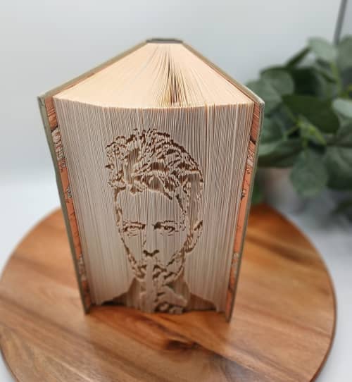 David Bowie Folded Book Portrait | Sculptures by Q Wollock. Item made of linen with paper works with contemporary style