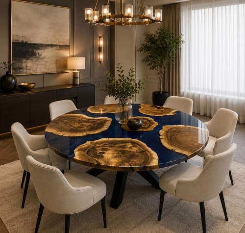 Blue Round Epoxy Dining Table, Handmade Resin Table | Tables by Innovative Home Decors. Item made of wood works with country & farmhouse & art deco style