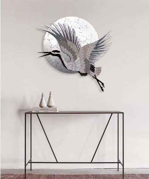 Mosaic decoration - Crane | Wall Sculpture in Wall Hangings by Julia Gorbunova. Item composed of ceramic & glass compatible with contemporary and japandi style
