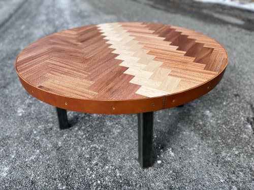 Round Pieced Wood Top Coffee Table with leather wrap edge | Tables by Basemeant WRX. Item composed of oak wood and steel in country & farmhouse or industrial style