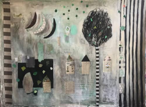 Oatmeal Village Scene | Mixed Media by Pam (Pamela) Smilow. Item made of canvas
