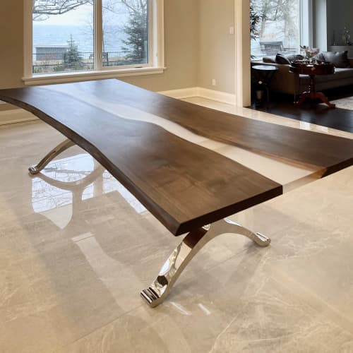 Frosted river resin epoxy wishbone table | Dining Table in Tables by YJ Interiors. Item made of walnut & metal compatible with mid century modern and contemporary style