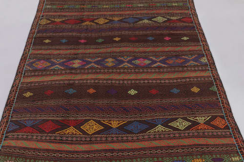 Vintage Persian Soumak Kilim, Vibrant Diamonds on Rich Brown | Area Rug in Rugs by Rug and Kilim
