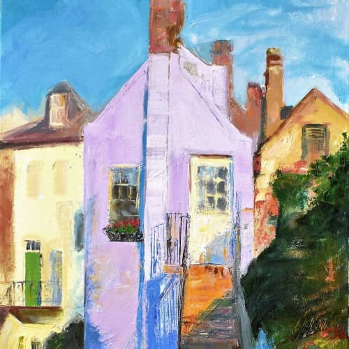 Behind Rainbow Row | Oil And Acrylic Painting in Paintings by Julia Lawing Fine Art | GreenHill Center for North Carolina Art in Greensboro. Item made of canvas with synthetic