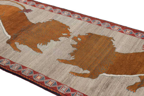 Vintage Gabbeh Persian Runner Rug in Gray with Lion | Area Rug in Rugs by Rug and Kilim