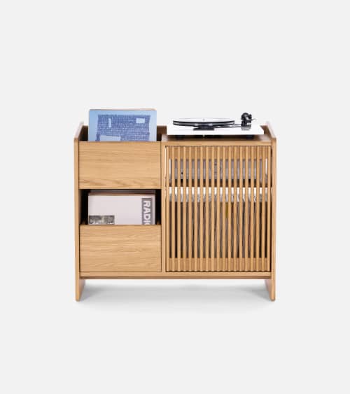 FUSE – record storage: crafted oak wood cabinet for turntabl | Sideboard in Storage by Mo Woodwork. Item composed of oak wood compatible with minimalism and mid century modern style