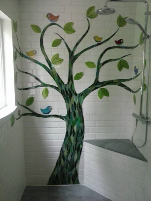 Tree With Birds Shower Wall | Mosaic in Art & Wall Decor by JK Mosaic, LLC. Item composed of glass