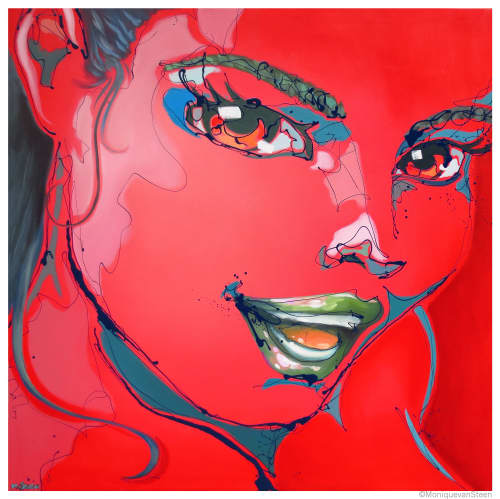 Big red girl face in urban pop art style: Dinamene | Oil And Acrylic Painting in Paintings by Monique van Steen. Item composed of canvas & synthetic compatible with contemporary and eclectic & maximalism style