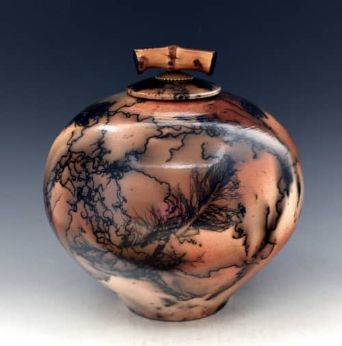 stoneware urn, horsehair raku fired vessel | Vase in Vases & Vessels by Ron Mello Studio Art. Item made of bamboo with brass works with contemporary & rustic style