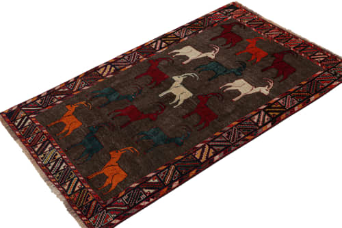 Vintage Gabbeh Tribal rug in Brown with Multicolor Ram | Area Rug in Rugs by Rug and Kilim