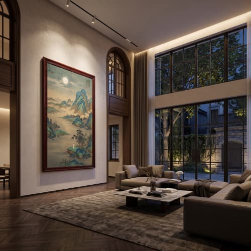 Hand-Painted Silk Moonlight River Landscape Scroll Wall Art | Oil And Acrylic Painting in Paintings by Dynasty Artisan. Item made of wood & fabric compatible with contemporary and eclectic & maximalism style