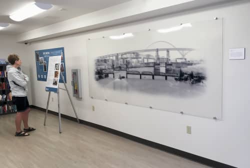 Crossing the Willamette - Acrylic Installation | Glasswork in Wall Treatments by Beth Kerschen | REACH Community Development in Portland. Item composed of glass and synthetic