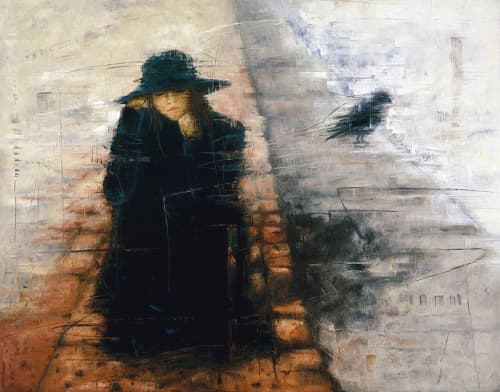 Erica Hopper "Sidewalk Poet" | Oil And Acrylic Painting in Paintings by YJ Contemporary Fine Art | YJ Contemporary Fine Art in East Greenwich. Item made of canvas