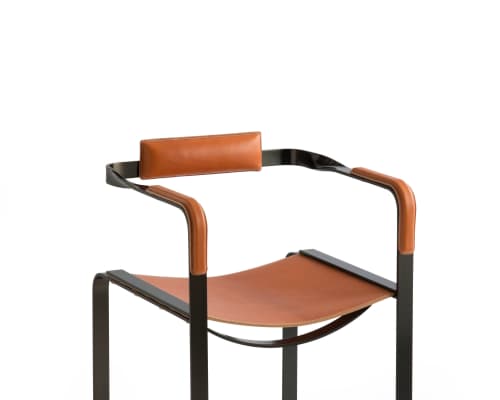 Contemporary Bar Stool w/Backrest Metal&Natural Leather | Chairs by Jover + Valls. Item composed of leather compatible with contemporary and art deco style