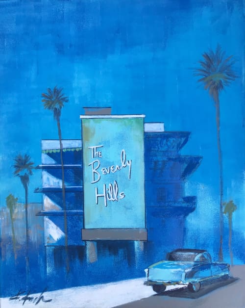 The Beverly Hills Hotel | Oil And Acrylic Painting in Paintings by Kathleen Keifer. Item made of canvas with synthetic