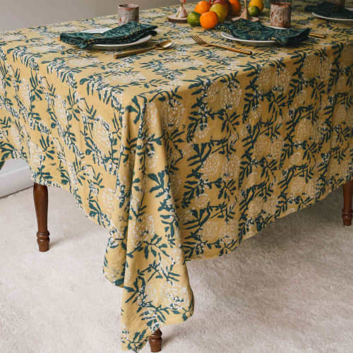 Block Print Tablecloth | Flower Field | Linens & Bedding by ichcha. Item composed of cotton in boho or modern style