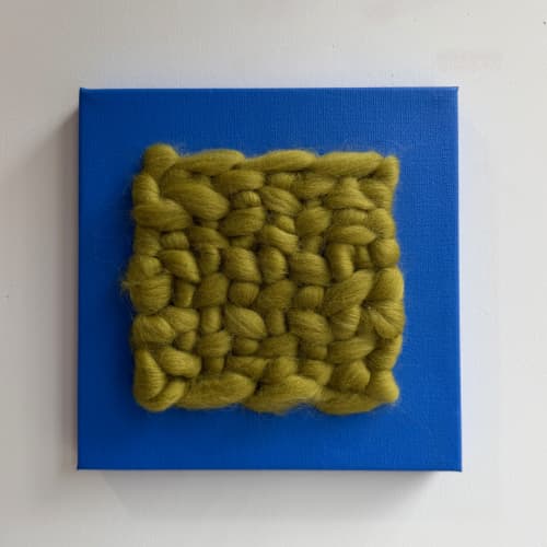 Mixed Media Weaving | Cobalt and Chartreause | Tapestry in Wall Hangings by Sarah Lawrence. Item composed of canvas and fiber in minimalism or mid century modern style