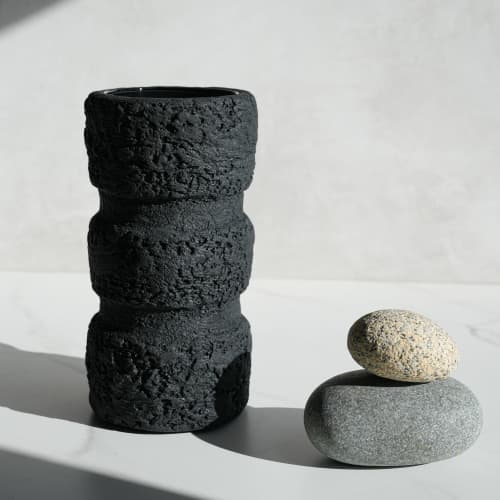 Sculptural Cylinder Vase in Textured Carbon Black Concrete | Vases & Vessels by Carolyn Powers Designs. Item made of concrete with glass works with minimalism & contemporary style